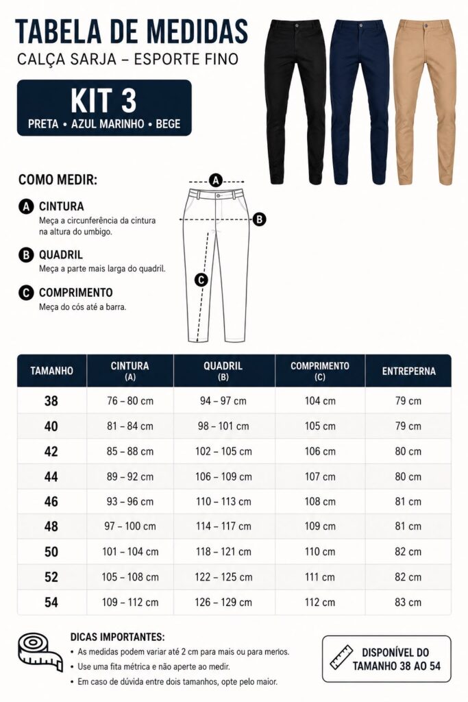 Kit 3 Calças Sarja Masculinas Esporte Fino 02