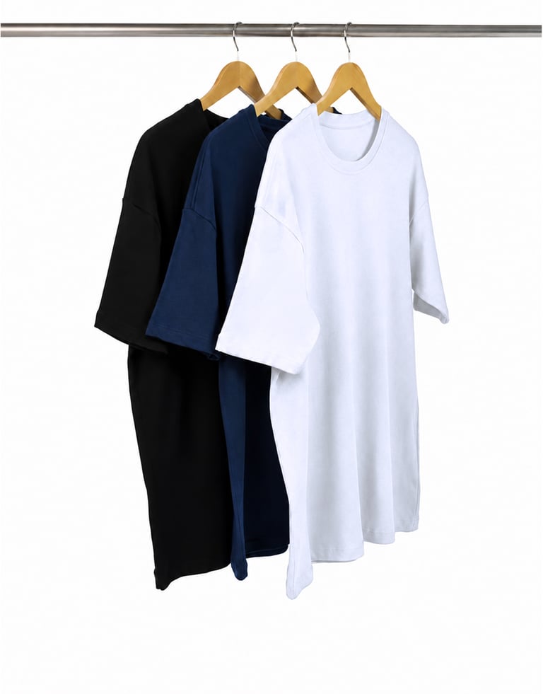 Kit 3 Camisetas Oversized Masculinas - Branco + Preto + Azul Marinho