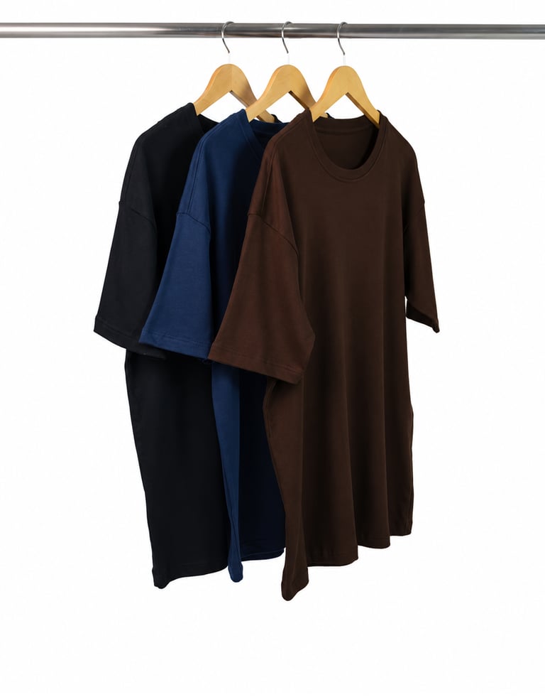 Kit 3 Camisetas Oversized Masculinas - Azul Marinho + Preto + Marrom
