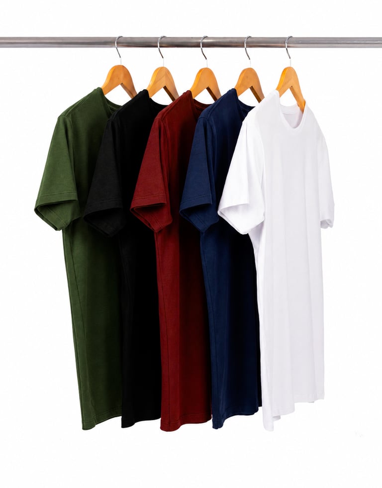Kit 5 Camisetas Masculinas de Algodão Premium - Preto + Azul Marinho + Bordô + Verde Militar + Branca