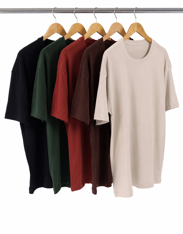 Kit 5 Camisetas Oversized Masculinas - Preto + Carmim + Areia + Verde Militar + Marrom